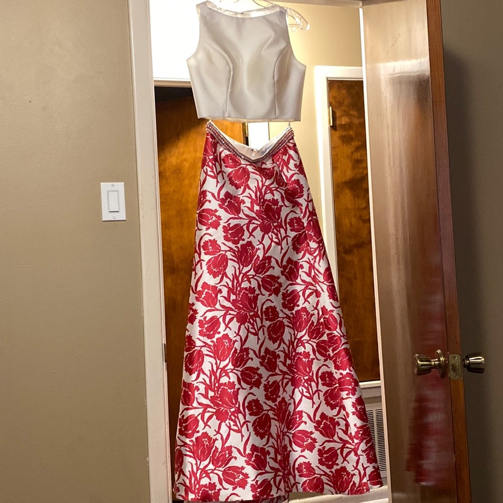 Royal We 2-Piece Prom dress, white top with a white bottom with pink flowers